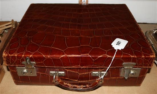 Crocodile skin cased silver toilet set